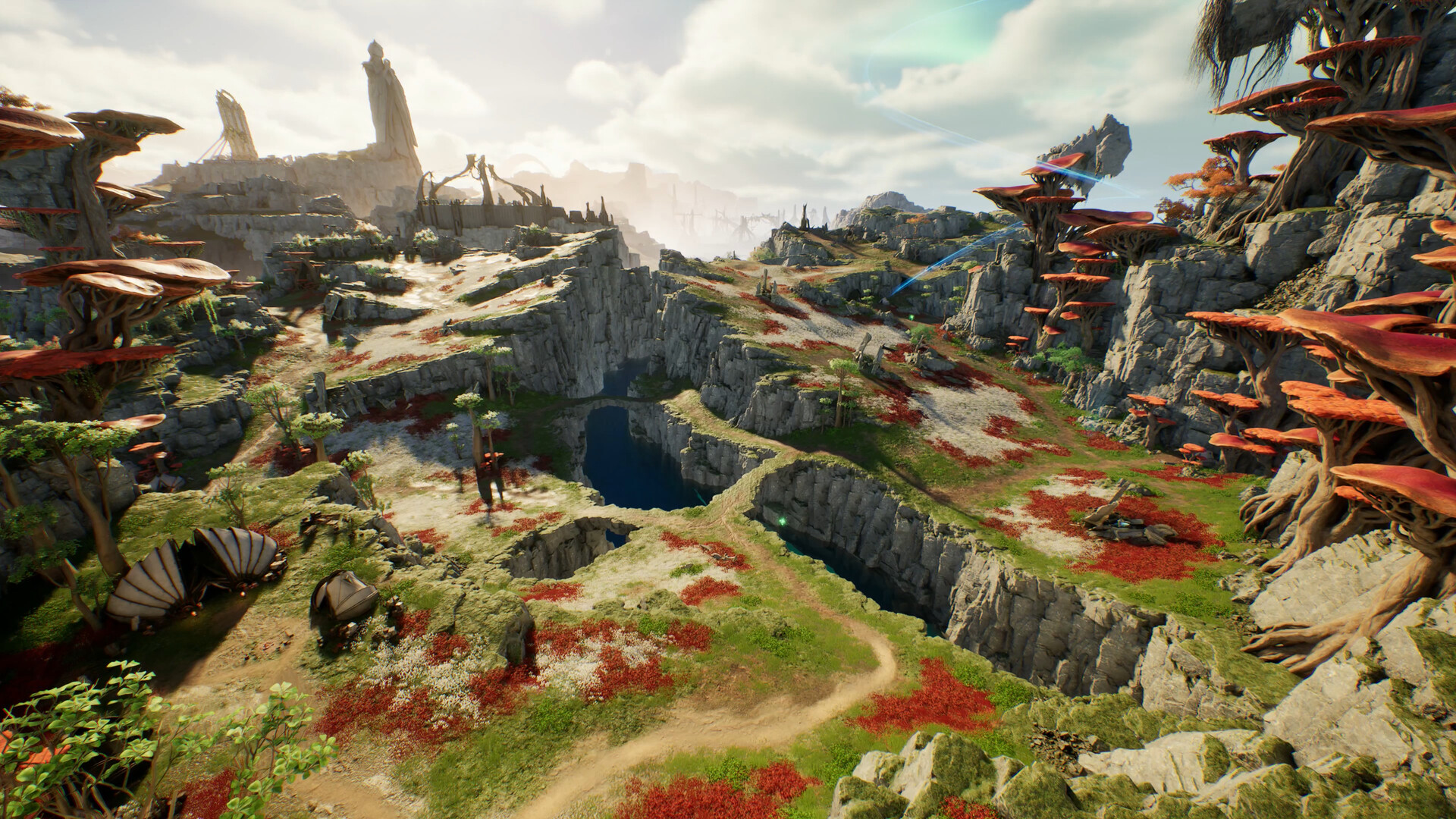 AION2で岩山と大きな植物の立体的なフィールドを見渡す公式画面