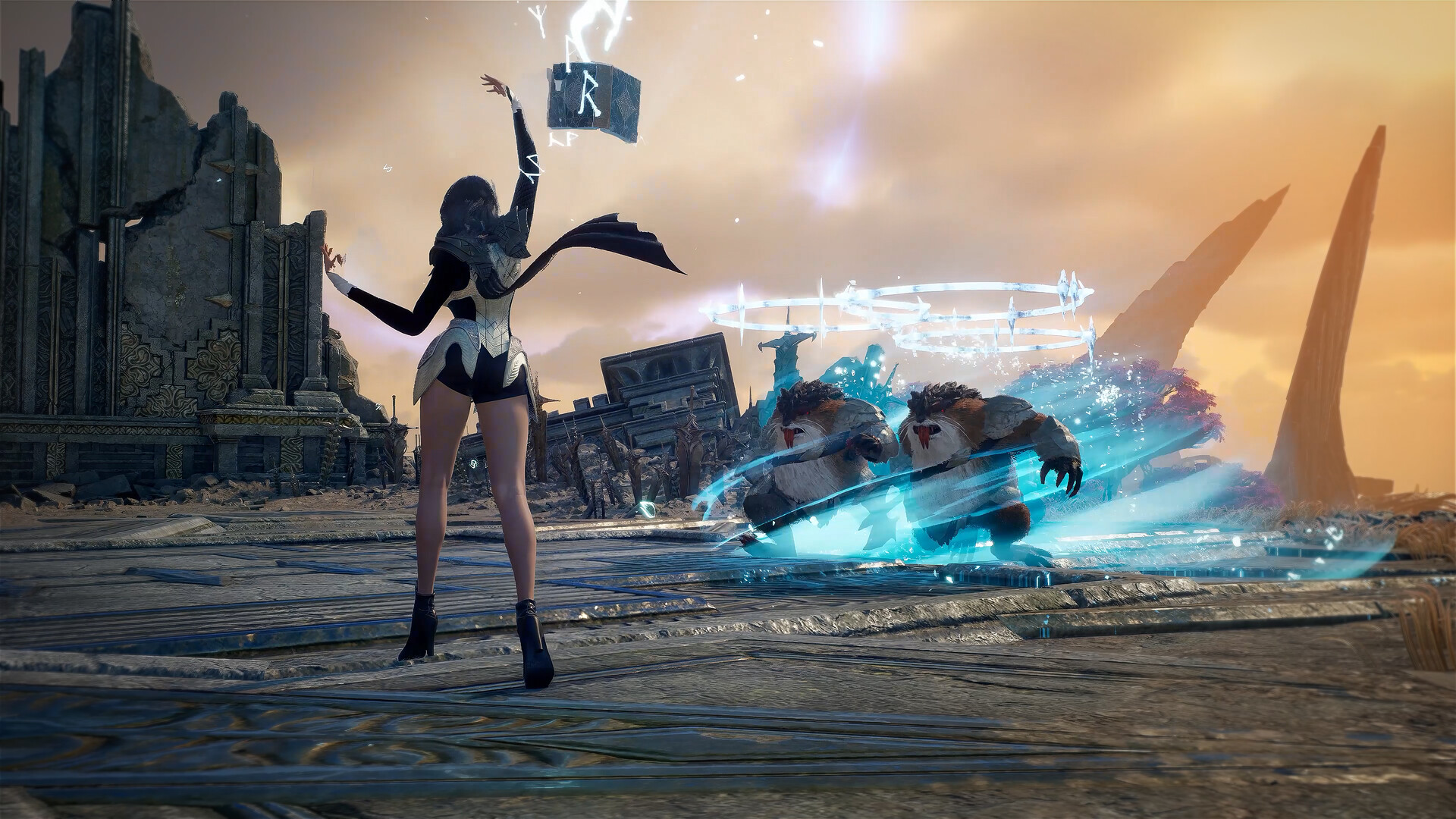 A spellcaster channels an ice attack against a pair of beast enemies in AION 2's open world. Image: NCSOFT.