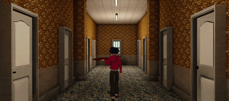 Nhân vật cầm hộp pizza đi dọc hành lang khách sạn dài và vắng lặng trong game A Pizza Delivery.