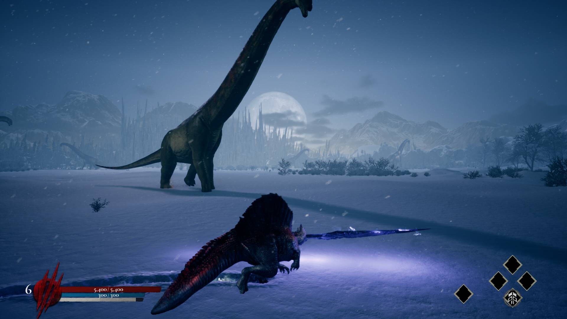 Dinoblade公式スクリーンショット 雪原で巨大な竜脚類の恐竜たちが行き交うシーン