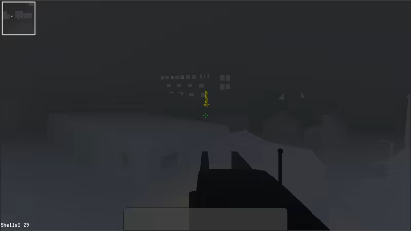 Peering over the player's gun sights during a foggy night in an abandoned city. A minimap appears in the top-left corner.