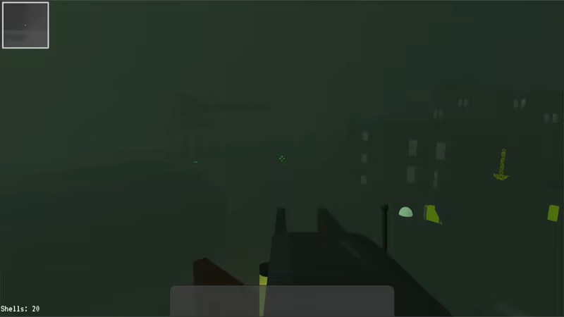 Peering over the player's gun sights during a foggy night in an abandoned city. Their night vision goggles are turned on. A minimap appears in the top-left corner.