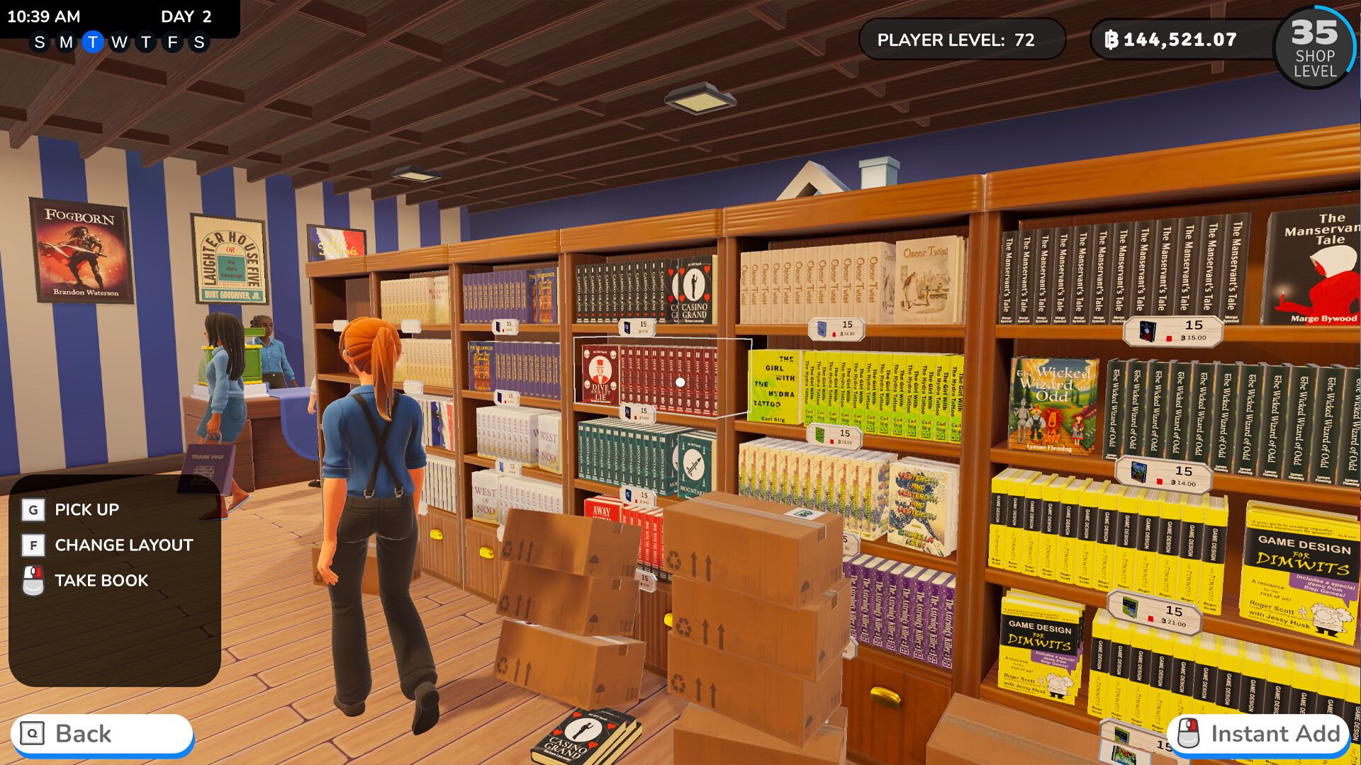 Bookshop Simulatorの本棚に商品を並べるシーン