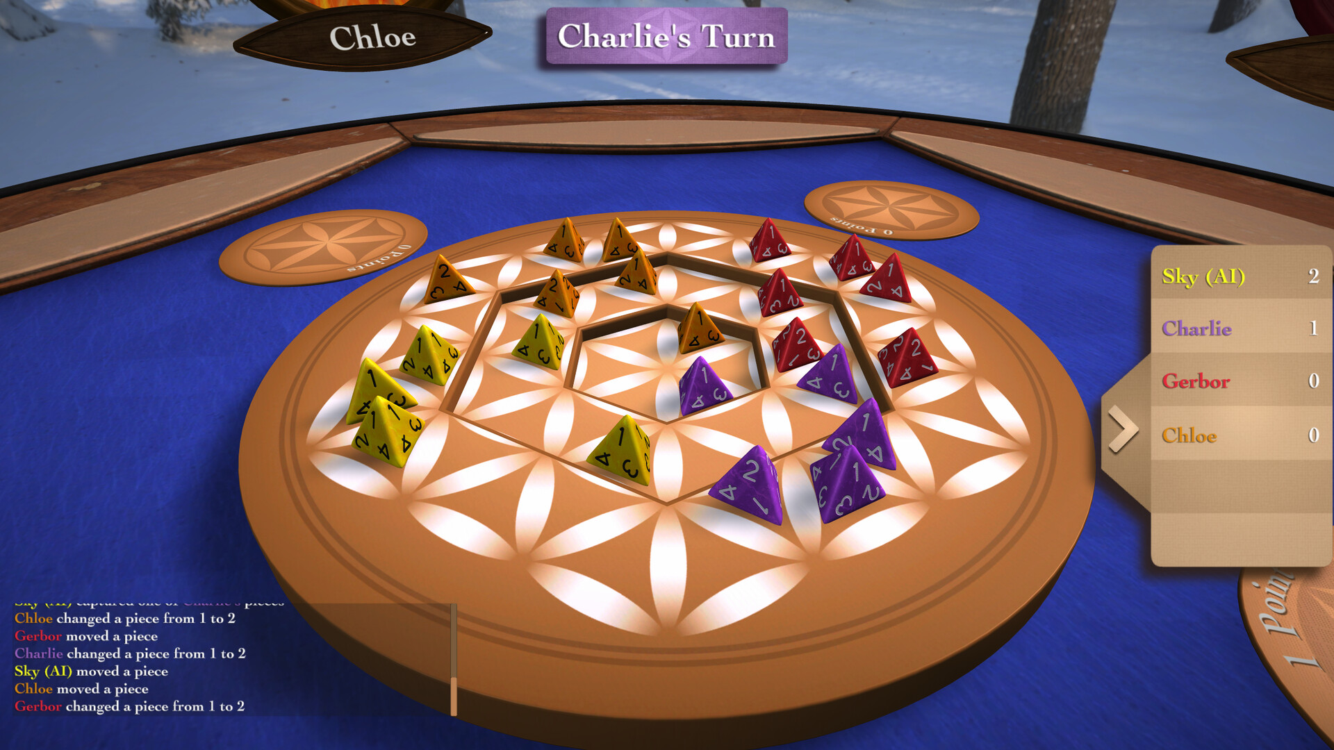 The image shows a digital strategy board game in progress, with a round wooden board featuring a circular pattern of interconnected white flower-like shapes on an orange background. Several colorful four-sided dice-like game pieces in yellow, orange, purple, and red are placed on the board, arranged along the symmetrical design and some lines. A digital interface indicates it is "Charlie's Turn," with a scoreboard on the right listing players Sky (AI), Charlie, Gerbor, and Chloe, along with their current scores. The background appears to be a snowy outdoor scene visible beyond the board.