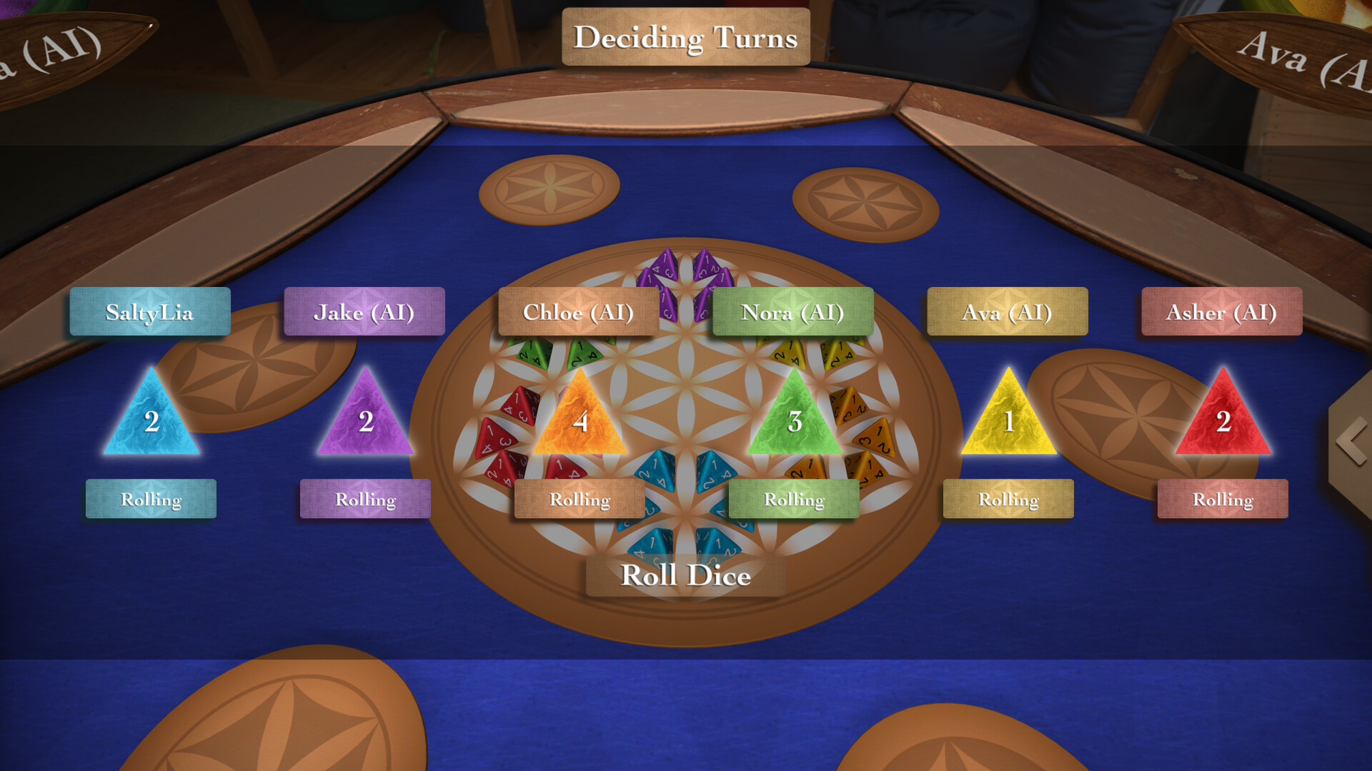 The image shows a digital tabletop game interface where six players, five labeled as AI and one with a unique name, are rolling dice to decide turns. Each player is represented by a colored triangular token with a number inside indicating their current roll: SaltyLia has a blue triangle with a 2, Jake (AI) a purple triangle with a 2, Chloe (AI) an orange triangle with a 4, Nora (AI) a green triangle with a 3, Ava (AI) a yellow triangle with a 1, and Asher (AI) a red triangle with a 2. Below each triangle, the word "Rolling" is displayed, suggesting the dice are currently being rolled. The background shows a blue cloth surface with circular wooden patterns, reinforcing the tabletop game setting.