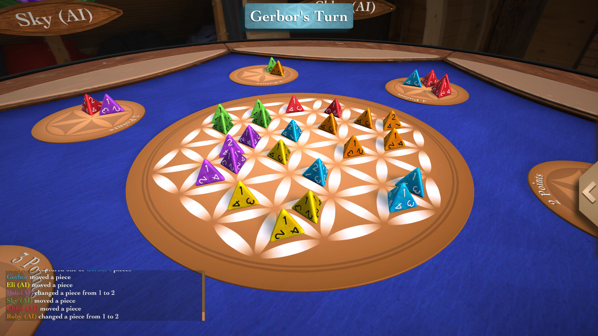 The image shows a digital board game in progress on a hexagonal table with a blue felt surface. At the center of the table is a circular playing area decorated with a geometric flower-like pattern in beige and white, containing various colored four-sided pyramid-shaped pieces marked with numbers. The pieces are grouped by color-yellow, purple, green, blue, red, and orange-and are arranged in clusters both inside the central circle and on small beige scoring zones around the table’s edges. A label at the top center of the screen indicates it is "Gerbor’s Turn," and a chat box in the lower left corner shows moves made by different players, including AI participants.