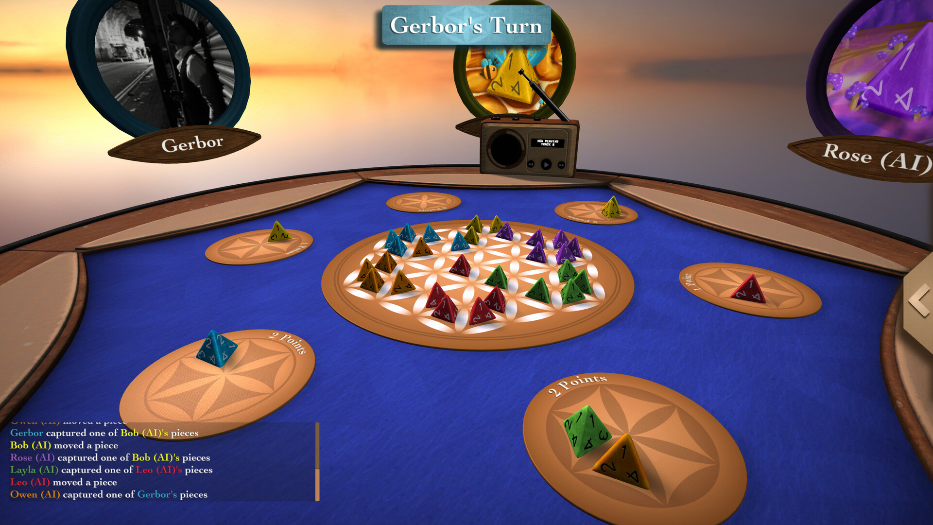 The image depicts a virtual tabletop game setup with a circular board at the center, featuring a pattern of white interlocking shapes on a brown background. The board is populated with multiple colorful four-sided dice in red, green, purple, blue, brown, and yellow, arranged in clusters. Surrounding the main board are several smaller circular zones labeled with point values, each holding one or two dice matching the colors on the main board. Above the table are three player icons, with names "Gerbor," "Rose (AI)," and an obscured third player, indicating a turn-based game where it is currently "Gerbor's Turn." A small radio displaying "Now Playing: Track 9" is positioned in the background, and a text chat box at the bottom left shows recent game actions and captures by different players. The overall scene has a warm, sunset-like gradient background, giving a calm and immersive atmosphere.
