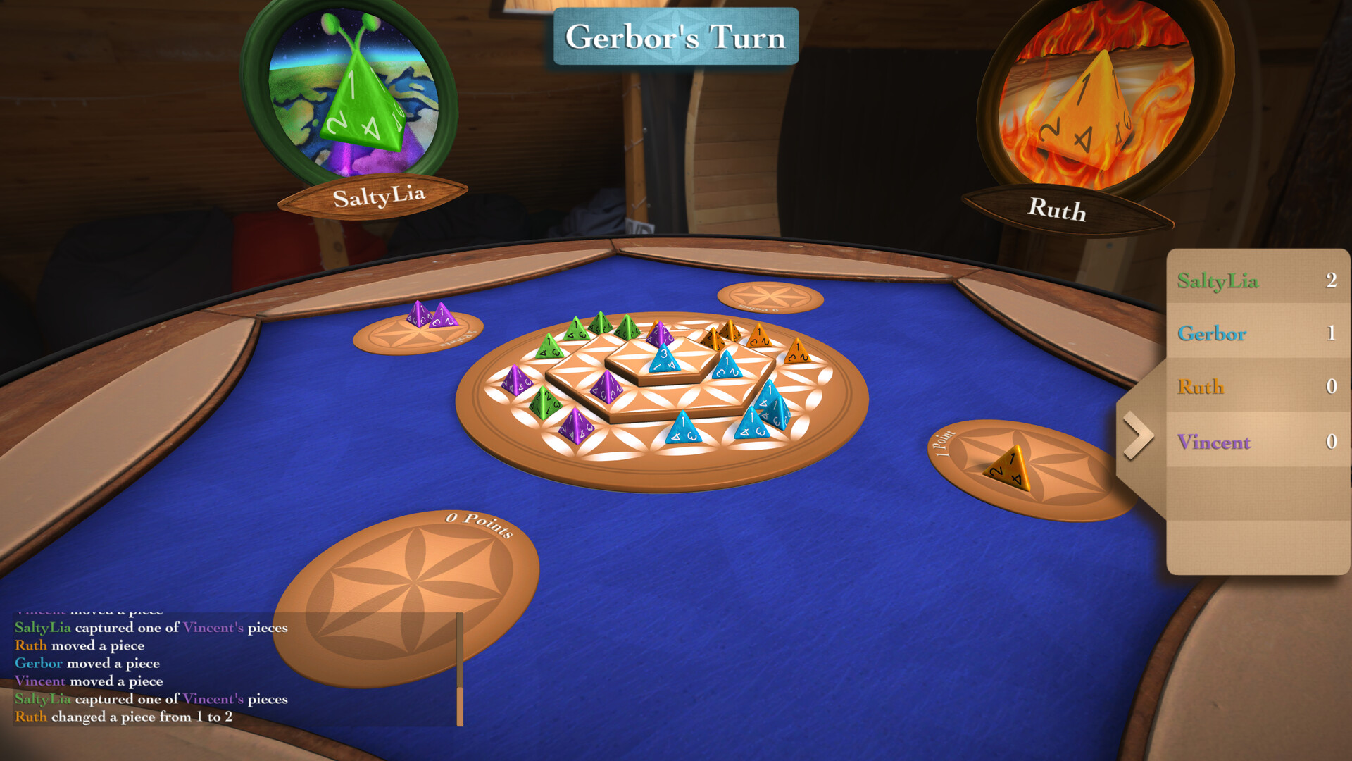 The image shows a digital board game set on a wooden table with a blue playing surface. The central board features a circular pattern with multiple triangular pieces in various colors-green, purple, blue, and orange-arranged in concentric rings on raised platforms. Each triangular piece has numbers and symbols visible on its sides, resembling special dice. Around the edges of the table are separate scoring areas labeled "0 Points" and "1 Point," holding additional triangular pieces. Player avatars named SaltyLia, Ruth, Gerbor, and Vincent are displayed above the table with themed images, and a scoreboard on the right shows SaltyLia leading with 2 points, followed by Gerbor with 1 point, while Ruth and Vincent have none. The text at the top indicates it is "Gerbor's Turn," and a game log below the board records recent moves and captures.