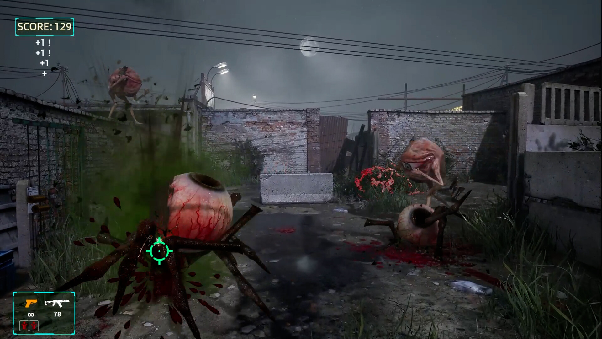 The image depicts a dark, outdoor alley scene at night under a cloudy sky with a full moon partially visible. The area is enclosed by worn brick walls, some with patches of greenery and flowers. In the foreground, there are surreal, monstrous creatures resembling large, disembodied eyeballs with spindly legs, one of which is being shot, causing a spray of blood and dark liquid. The scene includes a targeting reticle on one creature and a video game interface showing a score of 129, ammunition counts, and weapon icons, indicating this is a moment from a first-person shooter game.