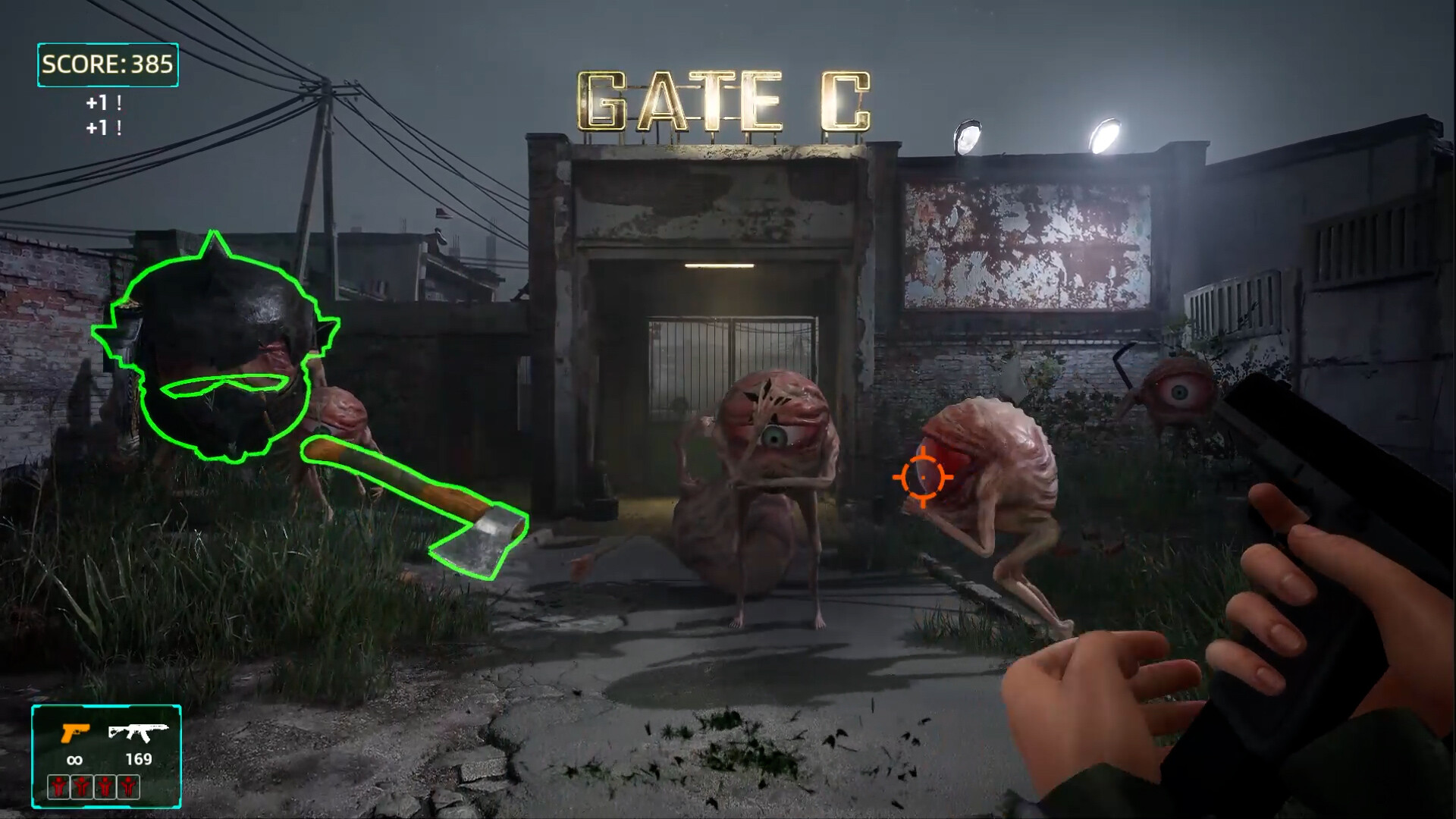 The image depicts a nighttime scene in a video game setting in front of a weathered, industrial-looking gate labeled 'GATE C' in illuminated letters. The player’s hands are visible holding a pistol aimed at three grotesque, fleshy creatures with single large eyes and spindly limbs, one of which is marked by an orange targeting reticle. To the left, there is a glowing green outline of a horned skull with an axe icon. The environment is dark and grimy, with cracked pavement and overgrown grass, adding to the eerie atmosphere. A game HUD in the corners displays the player's current score of 385, ammunition count with a pistol and rifle, and several red icons presumably representing lives or enemies.