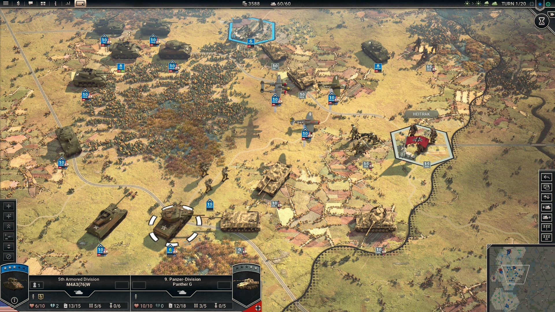 The image shows a strategic, top-down view of a World War II-themed turn-based war game map. Various military units, including tanks, infantry, and aircraft, are positioned across a terrain of fields, roads, and small patches of forest. The units are marked with blue or gray icons indicating their affiliation and have numerical values that likely represent their strength or health. In the middle right, a hexagonal tile labeled "HEITRAK" contains infantry holding a flag with a German cross. Several aircraft are shown flying over the battlefield, casting shadows on the ground below. User interface elements and unit stats are displayed at the bottom and sides of the screen, indicating this is an early turn (Turn 1/20) in the game.
