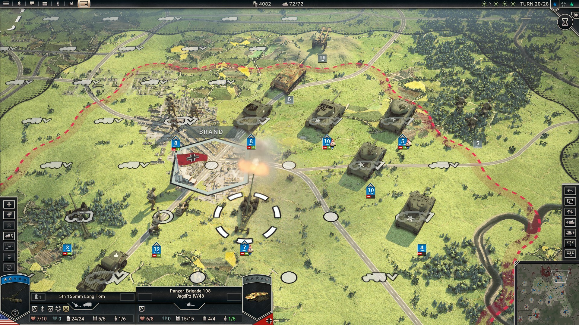 The image shows a strategic war game map depicting a battlefield with green fields, roads, and scattered patches of trees. Several military units are positioned across the terrain, including tanks and infantry, marked with blue icons displaying numbers indicating their strength or status. A town labeled "BRAND" is outlined with a hexagonal border and marked with a red flag, suggesting control by the opposing force. Artillery is firing nearby, shown by an explosion and smoke, while unit statistics and game interface elements, such as resource counters and turn indicators, are visible along the edges of the screen.