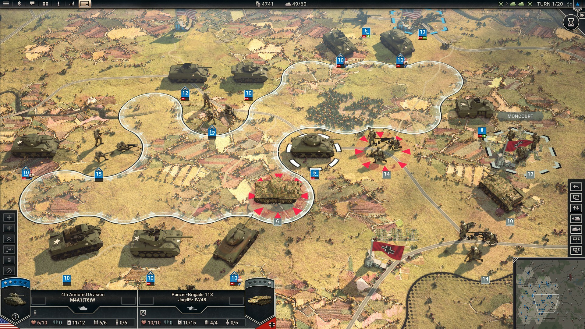 The image shows a detailed war strategy game map featuring a battlefield with various military units, including tanks and infantry soldiers. The terrain is a patchwork of fields and roads, with some areas highlighted by white borders indicating territorial control or unit movement range. There are two opposing forces, marked by blue icons for one side and red icons with Nazi flags for the other, engaged near a location labeled "Moncourt." The interface includes unit details at the bottom, a minimap in the lower right corner, and various game controls along the edges of the screen.
