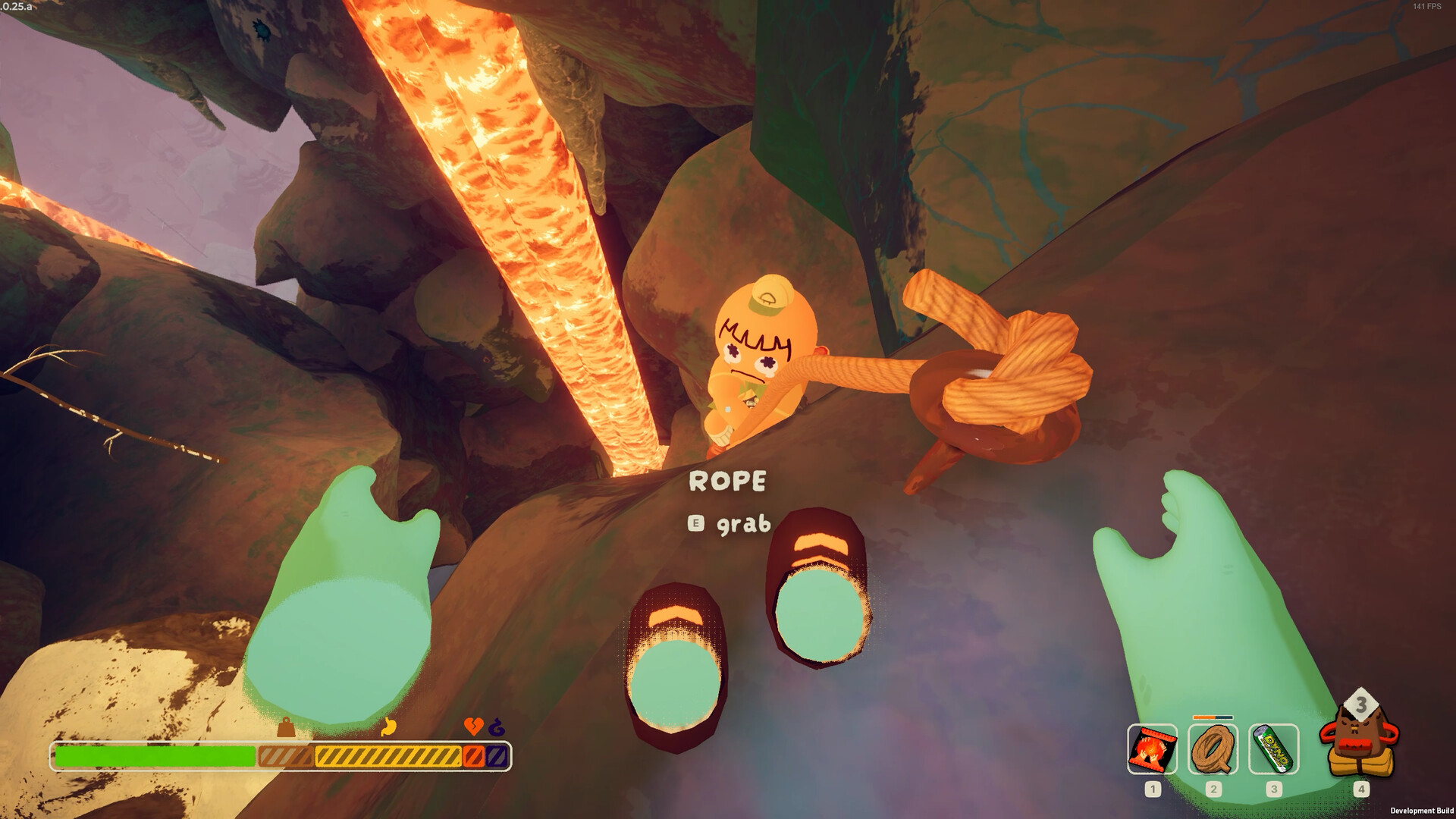 Personagem de PEAK observa uma corda fixada à rocha durante a escalada perto da lava