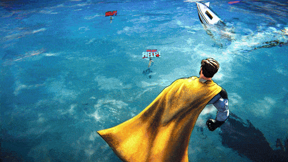 Superhero Simulator: Siêu anh hùng cứu người bị nạn trên biển, hiệu ứng hoạt hình.
