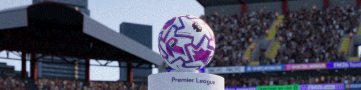 Gameplay Football Manager 26 trái bóng thi đấu Premier League trên bục sân vận động