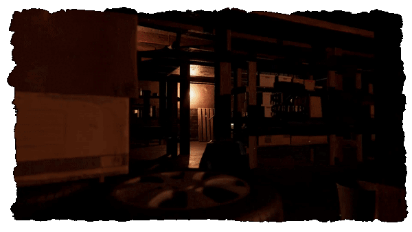 Its Johns House: Góc nhìn thứ nhất trong khu vực tối tăm, chiếu sáng nhẹ từ xa, nhiều đồ vật lộn xộn, không gian chật hẹp.