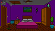 A bedroom with pixelated, retro graphics. A normal looking doll is on the wardrobe.