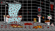 The bathrooms looks cursed. It is dark and covered in blood and gore.