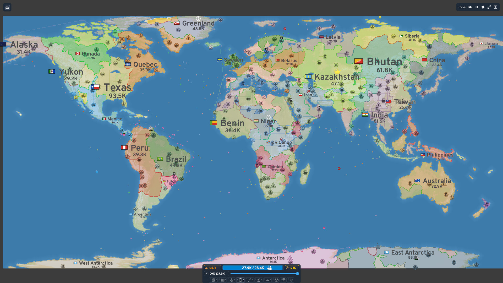 OpenFrontのスクリーンショット。世界全体を俯瞰した地図と、画面下部のリソース管理バー