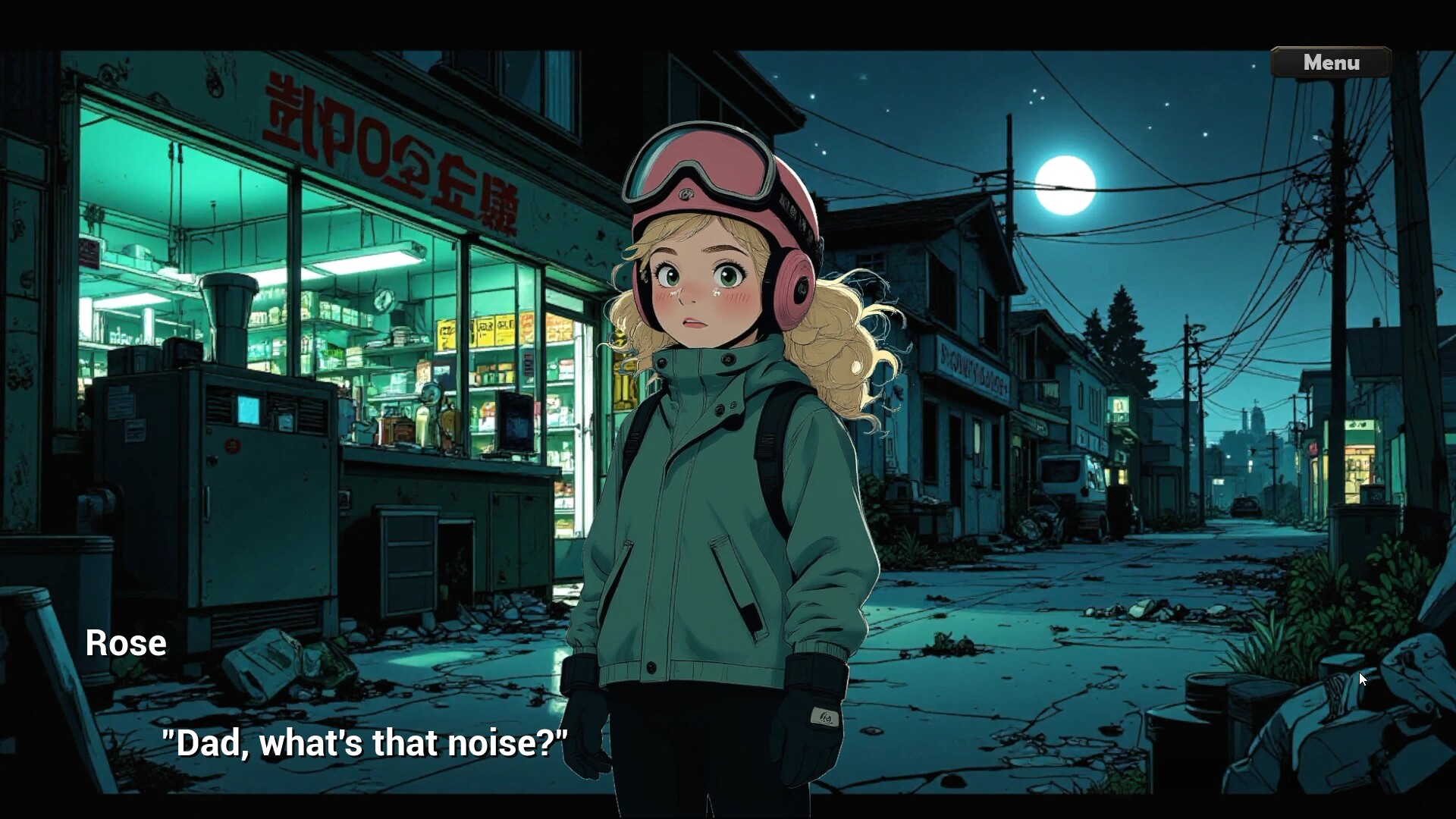 The image shows a young girl standing on a cracked and littered street at night, illuminated by the bright full moon in the sky. She has blonde hair tied in two pigtails and wears a green jacket, black gloves, and a pink helmet with goggles. Behind her is a dimly lit, rundown storefront with Japanese signage and fluorescent lights inside, casting a greenish glow. The street is lined with old buildings, power lines, and scattered debris, creating an eerie, quiet atmosphere. Text on the image indicates the girl, named Rose, is asking, 'Dad, what's that noise?'