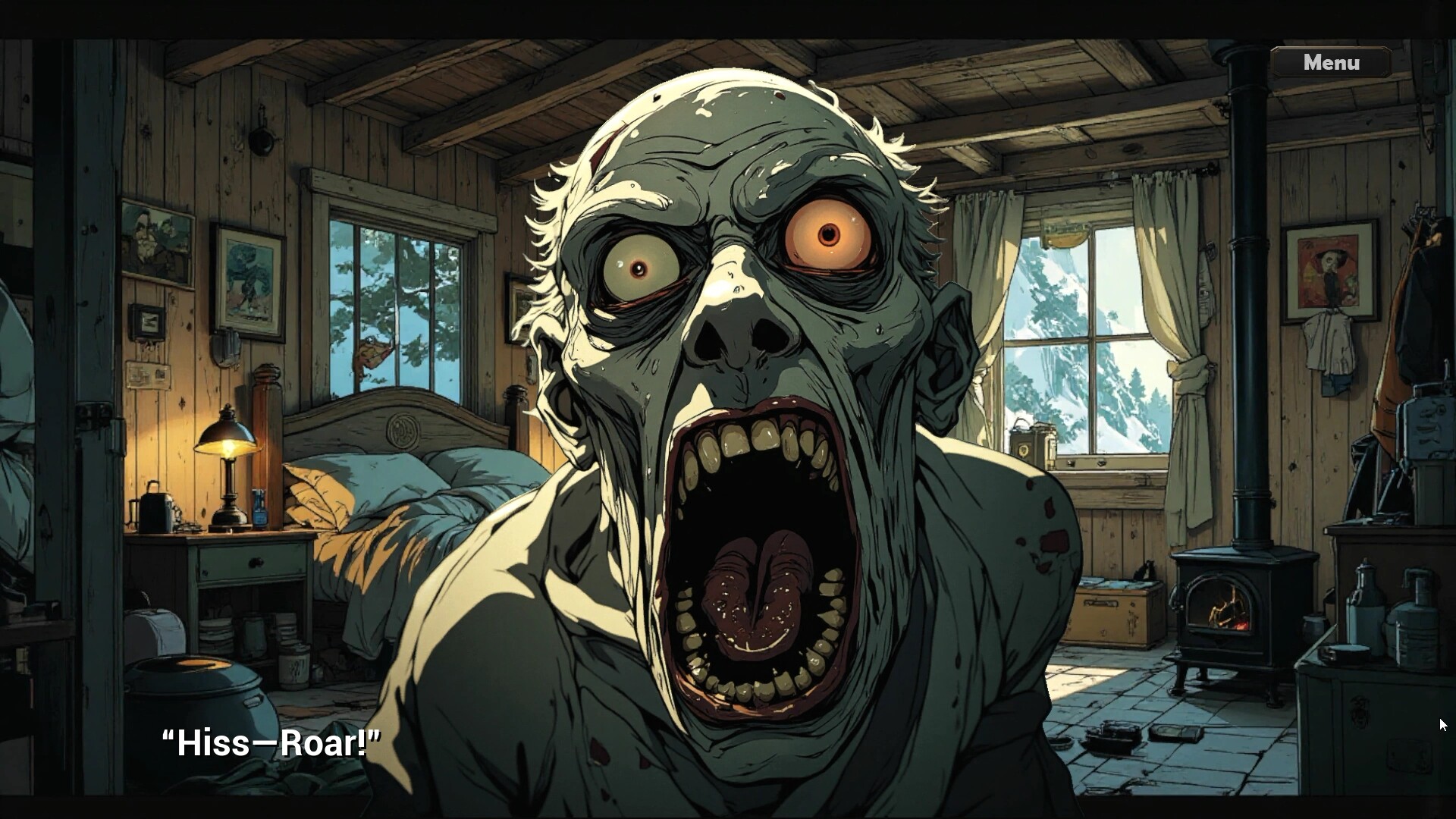 The image shows a close-up of a horrific, zombie-like creature with pale, decaying skin and bulging, unevenly colored eyes-one yellowish and one orange. Its mouth is wide open in a terrifying scream or roar, revealing large, jagged teeth and a dark tongue. The creature is inside a rustic wooden cabin with a cozy interior, including a bed with rumpled blankets, a lit table lamp on a nightstand, a wood-burning stove with a fire inside, framed pictures on the walls, and large windows showing a snowy mountain landscape outside. The atmosphere blends a sense of domestic warmth with intense horror from the creature’s presence.