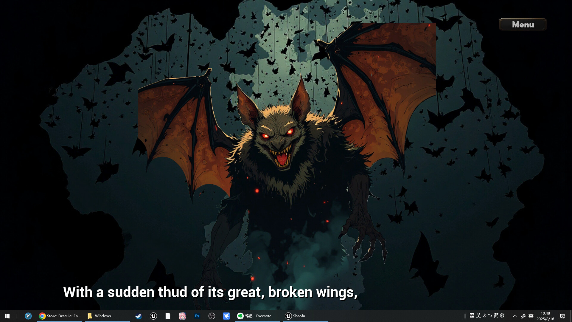 The image depicts a large, menacing bat-like creature with glowing red eyes and sharp, jagged teeth bared in a fierce snarl. It has dark fur, large orange wings with visible veins, and clawed hands reaching forward aggressively. In the background, numerous smaller bats hang and fly against a dark cave-like setting, creating an eerie and ominous atmosphere. The text at the bottom reads, 'With a sudden thud of its great, broken wings,' suggesting a narrative element.