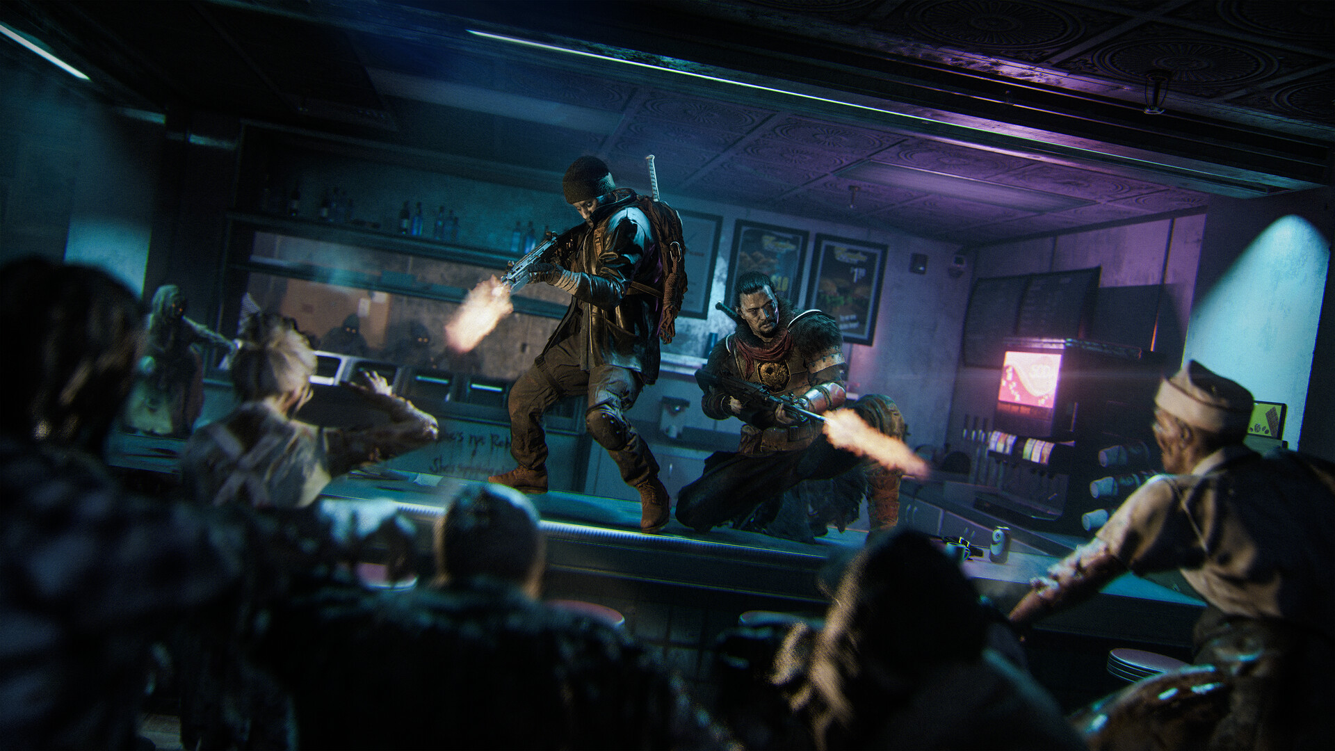 Los miembros del equipo de Zombis repelen el ataque de una horda de zombis en el restaurante Exit 115, en Cenizas de los condenados.