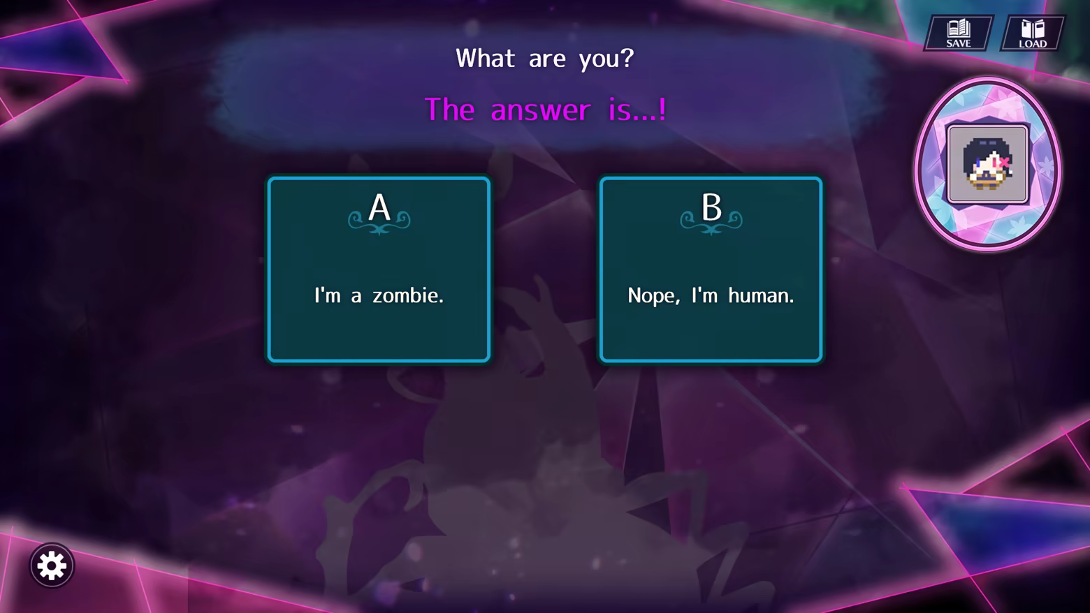Zombie Dive presents the question “What are you?” with the choices “I’m a zombie” and “Nope, I’m human.”