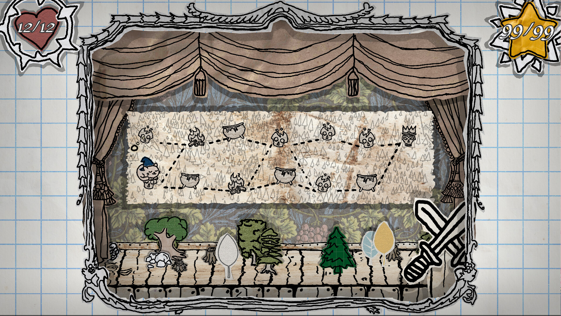 The image shows a hand-drawn, stage-like interface framed by a decorative border with curtains at the top. In the center is a parchment-style map featuring a dotted path connecting various icons, including skulls with flames, cauldrons, and a character wearing a blue hat. Above the map on the left corner is a red heart symbol displaying '12/12,' and on the right corner a gold star shows '99/99.' At the bottom, a wooden platform displays stylized tree icons of different shapes and colors, alongside crossed swords on the right side, suggesting a game or quest progression screen.