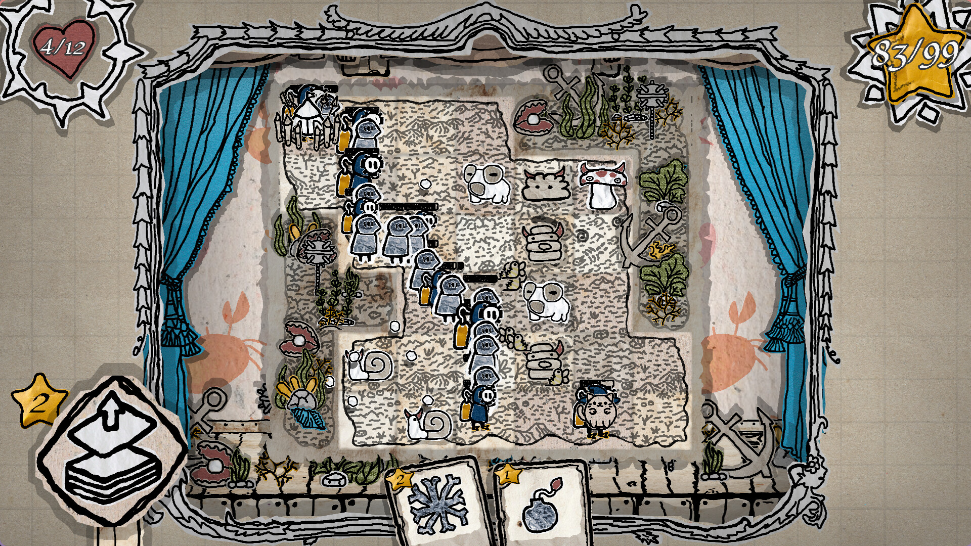 The image depicts a hand-drawn, game-like scene set on a textured, patchwork map with various symbols and creatures. A group of small, blue, hooded figures carrying yellow backpacks are arranged in a winding line across the central area, with other whimsical characters like white ghost-like creatures, a mushroom with a face, and a small round fighter character near the bottom right. The map is bordered by illustrated seaweed, coral, and anchors, framed by teal curtains on each side. Game interface elements include a red heart icon with '4/12,' a yellow star with '83/99' on the top corners, and two cards at the bottom displaying a snowflake and a bomb symbol, each with a numeric badge.