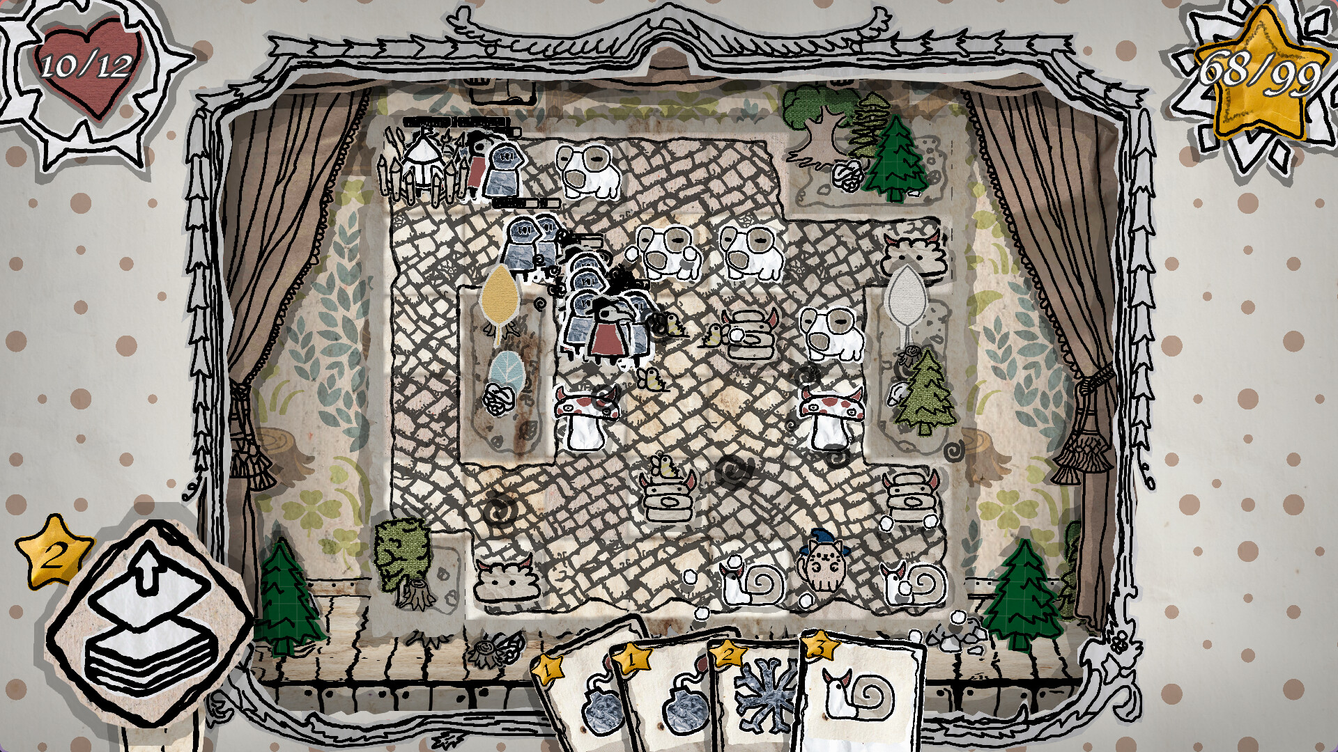 The image depicts a whimsical, hand-drawn game interface with a stage-like setting framed by curtains on both sides and a decorative border. The central play area features a cobblestone pattern floor with cartoonish characters, including small blue-robed figures, white creatures resembling sheep or dogs, mice, and owl-like animals wearing hats. Various trees, plants, and mushrooms are scattered around the edges of the play area. Game indicators appear in the corners: a heart icon in the top left showing '10/12,' a star icon in the top right reading '68/99,' and another star with the number '2' next to an arrow icon in the bottom left. Along the bottom, a selection of playing cards displays symbols like a bomb, snowflake, and a snail, each marked with star ratings.