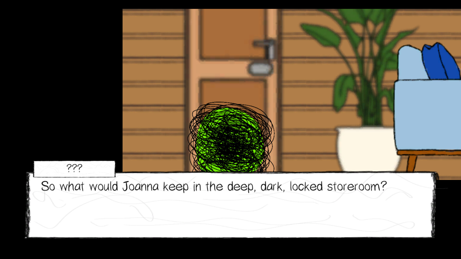 The image shows a wooden door with a metal handle, set against a wall with horizontal wooden panels. To the right, there is a tall green plant in a white pot and part of a light blue armchair with blue cushions. In front of the door, there is a scribbled round green and black object, and below it, a white text box with the message, "So what would Joanna keep in the deep, dark, locked storeroom?" The text is attributed to an unknown speaker indicated by "???".