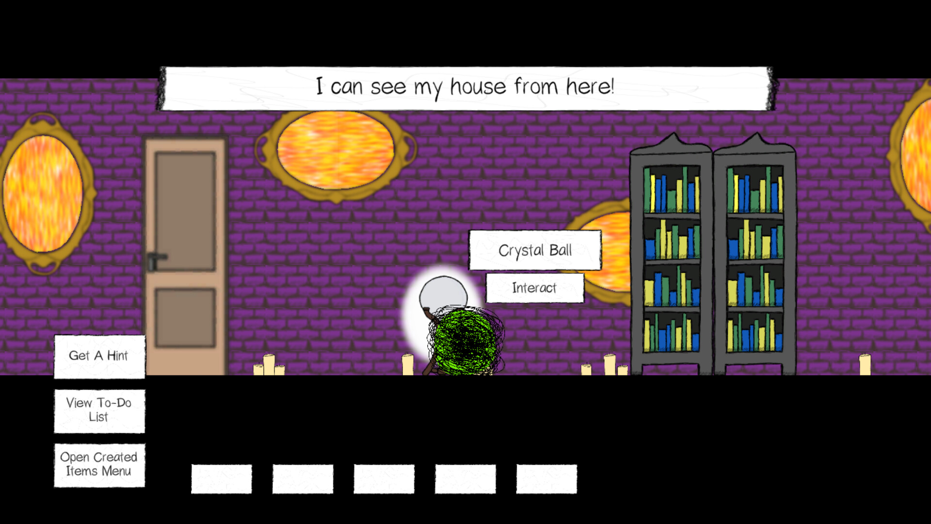 The image depicts a scene inside a room with purple brick walls adorned with three glowing orange oval mirrors framed in gold. A closed brown door is on the left side of the wall. On the right side, there is a tall, dark grey bookshelf filled with books of various colors, mainly blue, green, and yellow. In the center of the room, there is a glowing crystal ball on a stand surrounded by several lit candles, with a small green and black scribble-like character standing nearby. A text box above the scene reads, "I can see my house from here!" Additionally, two interactive options, "Crystal Ball" and "Interact," are displayed next to the crystal ball, while menu options like "Get A Hint," "View To-Do List," and "Open Created Items Menu," are visible at the bottom left of the screen.