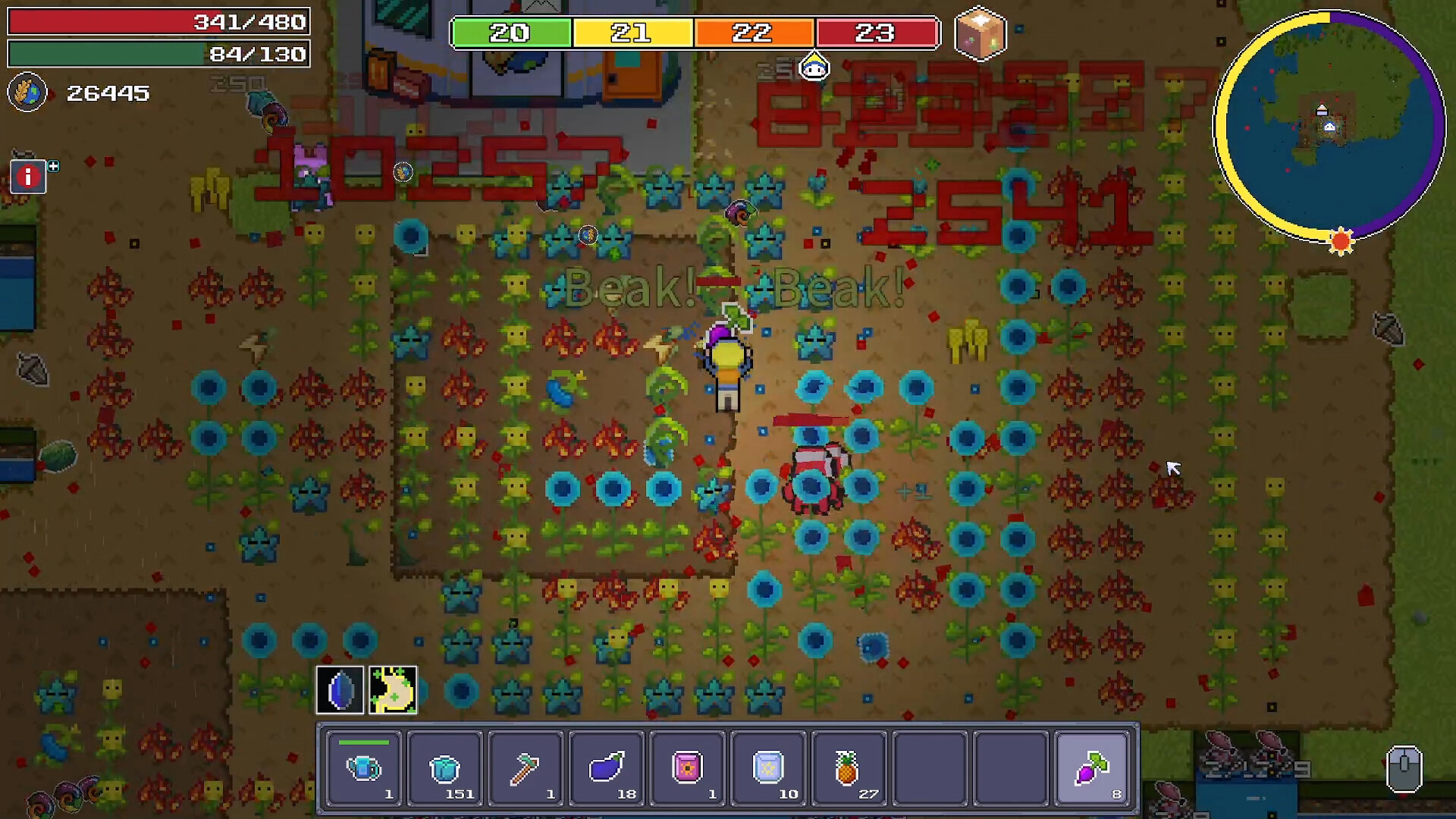 The image shows a top-down view of a pixelated farming game where a character stands in the middle of a densely planted garden filled with various colorful flowers and crops. The garden is divided into neat rows with blue, yellow, and red flowers, and some plants are arranged to form large numbers ("1057" in red on the left and "89323 2541" on the right). The screen displays game interface elements, including a health and mana bar at the top left, a clock-like energy or status bar at the top center, and a circular mini-map in the top right corner showing nearby terrain. At the bottom, there is a toolbar with various tools and items, suggesting farming and combat activities. The words "Beak! Beak!" appear near the character, indicating interaction with birds or chickens in the game.