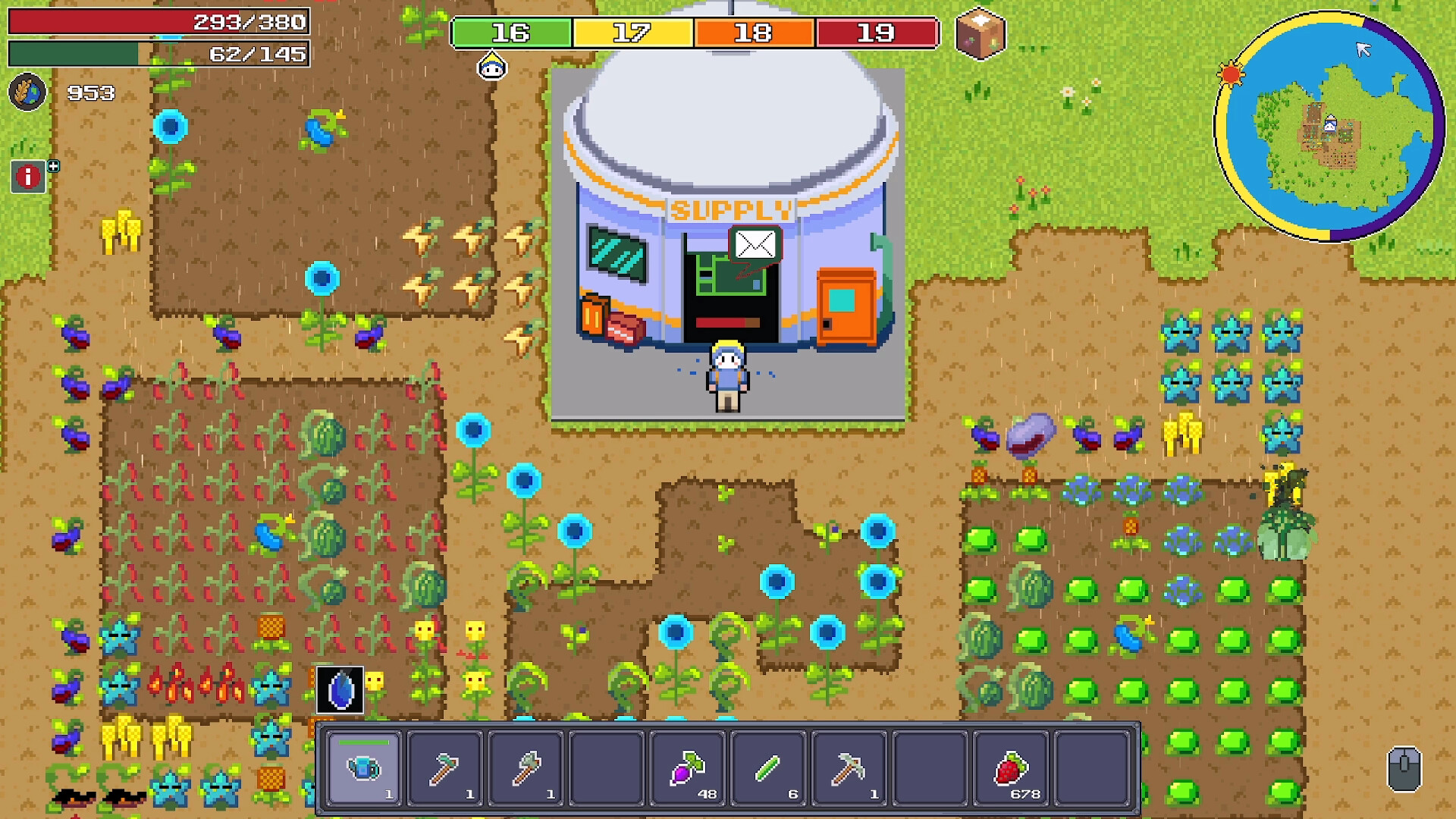 The image depicts a pixel-art style farming game interface with a character standing in front of a small building labeled "SUPPLY" at its entrance. Surrounding the building are numerous patches of cultivated soil with various crops including flowers, vegetables, and fruits in different stages of growth, arranged in neat rows. The game HUD shows health and stamina bars in the top left, a clock and mini-map in the top right, and an inventory toolbar at the bottom filled with farming tools, seeds, and harvested items.