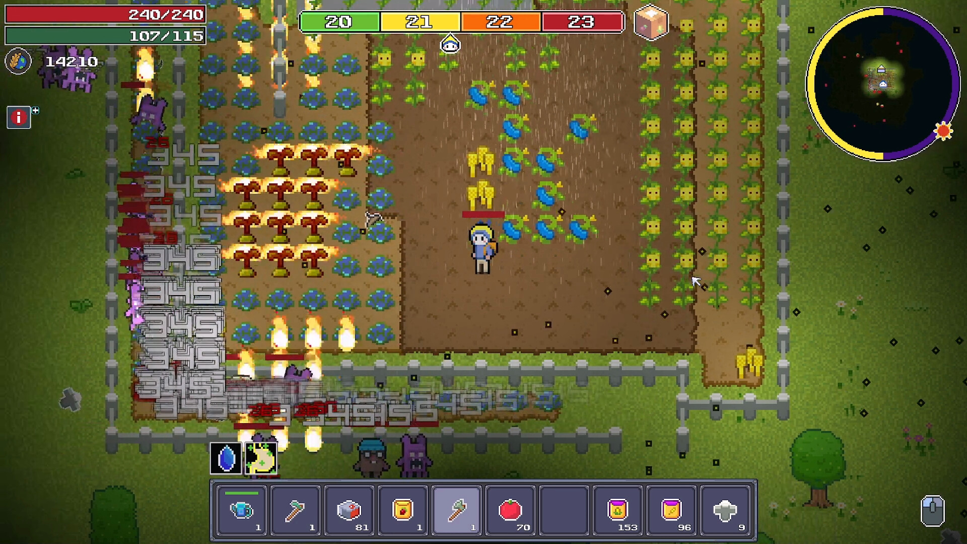 The image shows a pixel art-style farming game with a character standing in the middle of a fenced garden plot. The garden contains rows of various crops, including green, blue, and yellow plants, with some sections on fire and numeric damage indicators displayed. The game's user interface includes health and resource bars at the top left, a minimap at the top right, and an inventory bar with items such as watering cans, axes, and produce at the bottom of the screen.