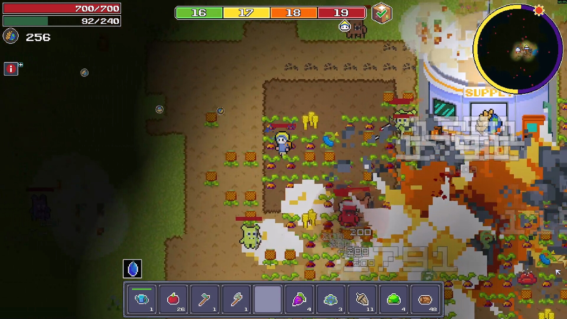 The image shows a pixelated top-down view of a video game scene where a character in armor stands among a field of crops with orange and purple plants arranged in rows. Nearby, enemy creatures, including green and red pixelated monsters, appear to be attacking, causing explosions and damage effects that fill the right side of the screen. The game's user interface displays health and energy bars at the top left, a mini-map at the top right, and various inventory items along the bottom of the screen, indicating the player is in an active combat and farming scenario.