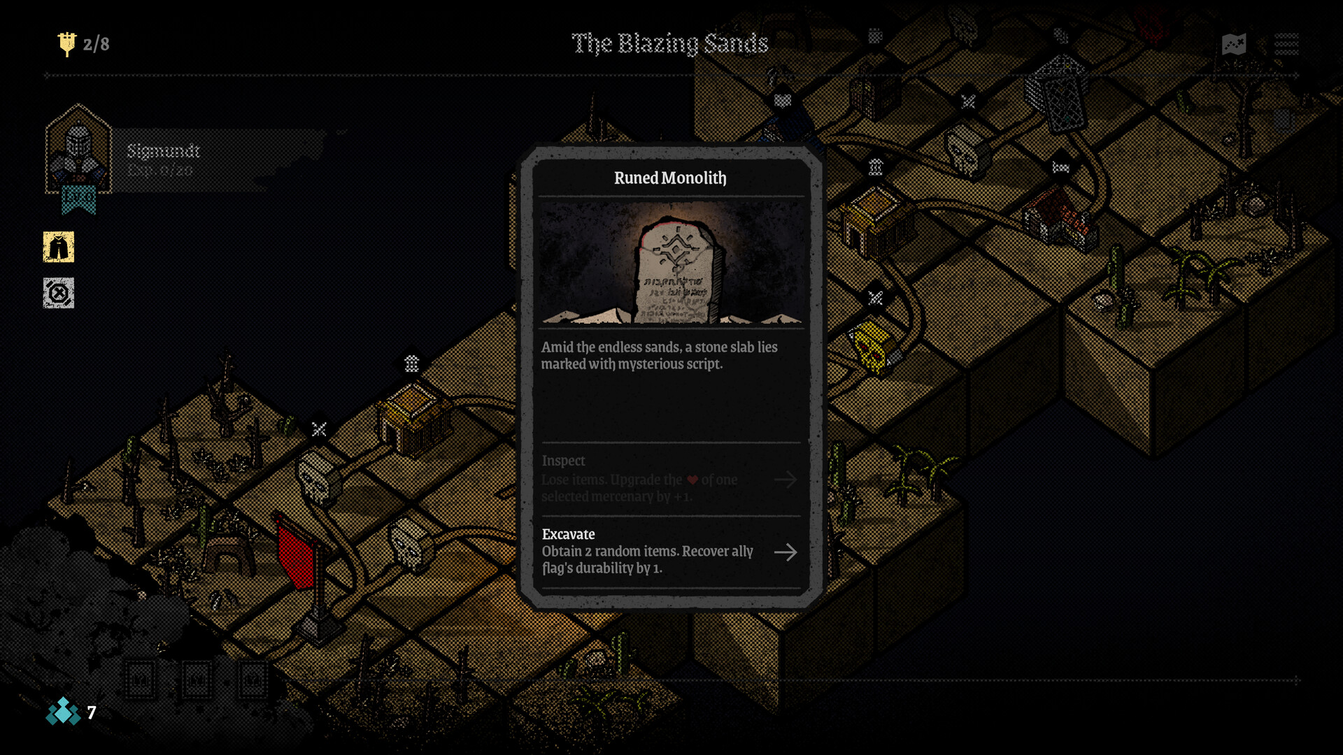 The image shows a game interface featuring a desert-themed map called "The Blazing Sands," divided into square tiles with various icons representing buildings, paths, and obstacles like cacti and skeletal remains. At the center is a pop-up window titled "Runed Monolith," depicting a stone slab engraved with mysterious script and offering the player two options: "Inspect," which involves trading items to upgrade a mercenary's health, and "Excavate," which grants two random items and restores durability to the player's flag. The map has a dark, pixelated art style with muted earth tones, emphasizing an arid, desolate environment.