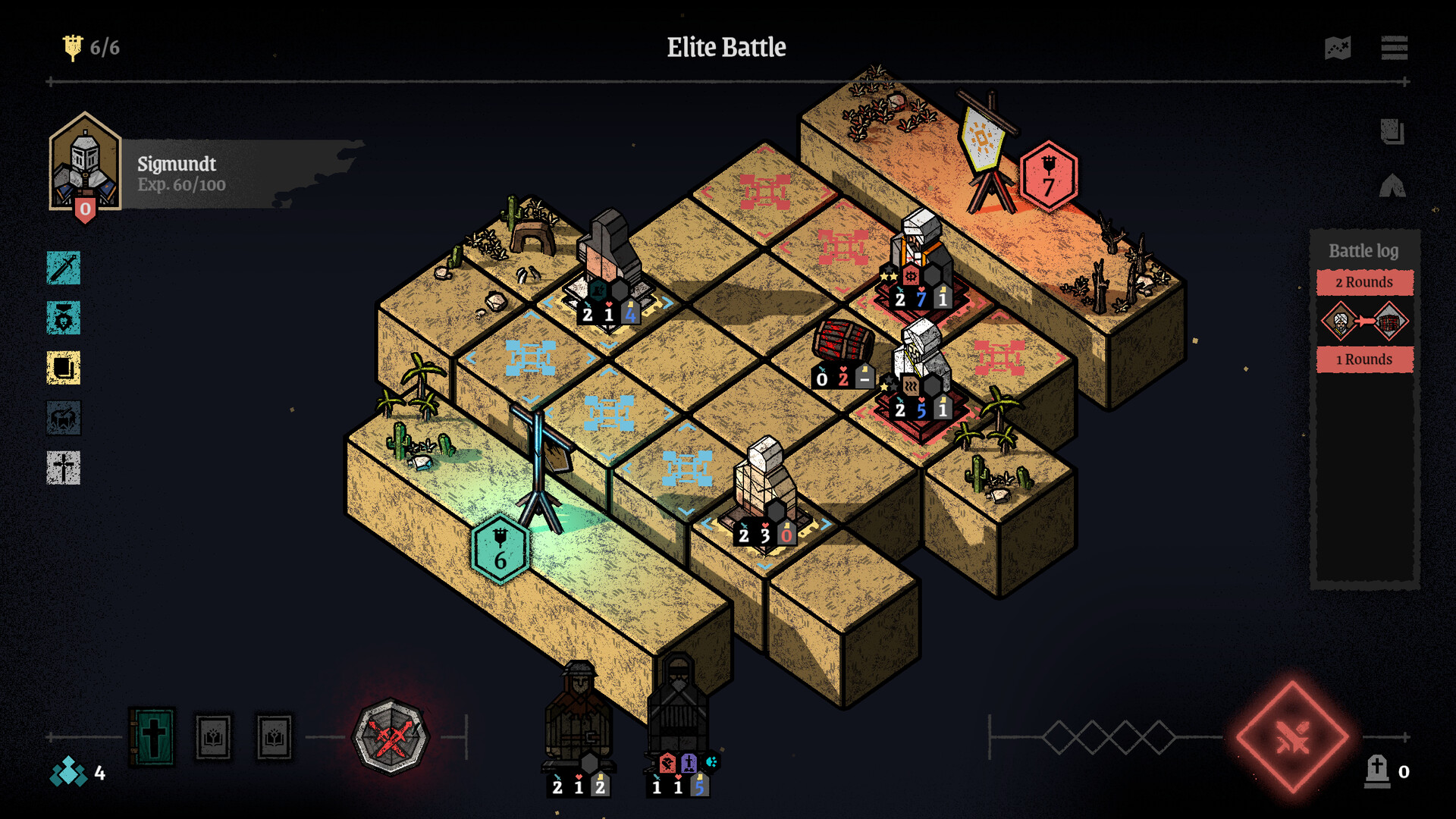 The image shows a turn-based strategy game called "Elite Battle" with a grid-based map composed of elevated square tiles of varying heights and desert-like textures. On the grid, several stone soldier units are positioned, each with numerical stats displayed under or beside them indicating attributes like attack, defense, and health. The player's side is highlighted in blue, with a base marked by a flag and a blue hexagon showing the number 6, while the enemy side is highlighted in red, with a similar flag and an opposing hexagon showing the number 7. The left side of the screen displays the player's character named Sigmundt with experience points, along with icons for different abilities or actions. On the right side, a "Battle log" lists recent rounds, showing combat events between units. The overall visual style resembles a hand-drawn or comic-like aesthetic with clean lines and muted colors.