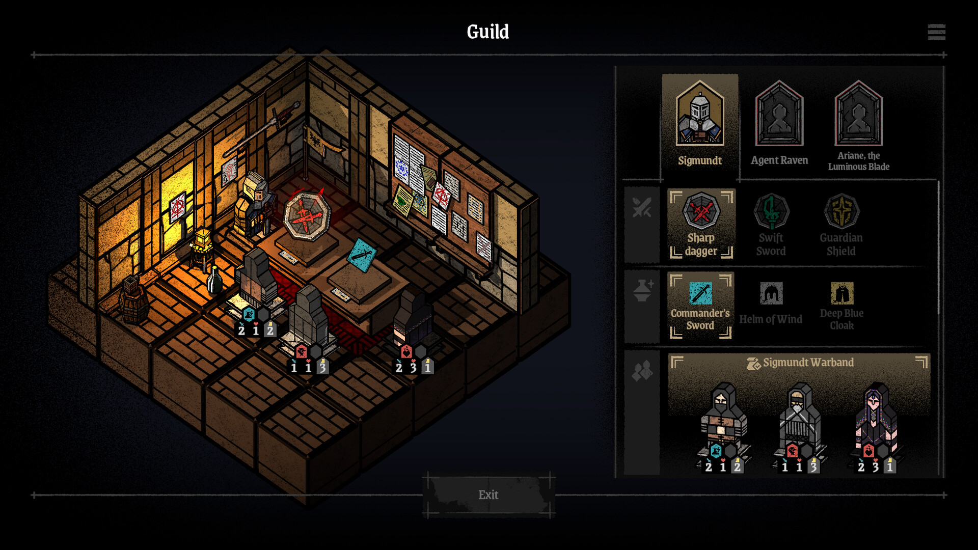 The image shows a stylized, isometric view of a small stone room labeled "Guild," with wooden floors and a warm, dim light from a wall-mounted lantern illuminating one corner. Inside the room, there are several stone pedestals displaying icons of weapons, including a red dagger and a blue sword, each with associated statistics beneath them. Three pixel-art style characters stand on platforms inside the room, each with different stats and icons above their heads. To the right side of the screen is a user interface displaying character portraits, names, currently equipped weapons-such as "Sharp dagger" and "Commander's Sword"-and a panel labeled "Sigmundt Warband" showing the three characters with their corresponding stats. The overall art style is reminiscent of a tactical or role-playing video game.