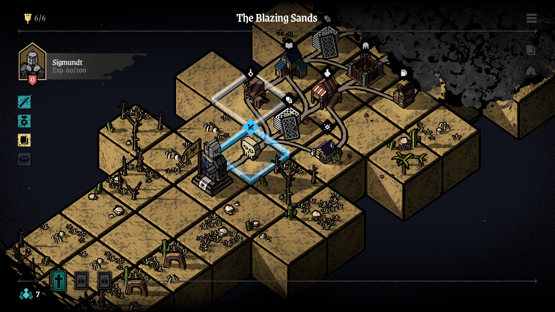 The image shows a stylized, isometric map titled "The Blazing Sands," composed of square blocks arranged in a desert-like terrain with sandy, textured surfaces. Various small buildings and structures are scattered across the map, connected by thin roads or paths. The highlighted central area features a stone monument with a helmet, a skull symbol, and a blue outline, indicating a selected or active tile. Sparse vegetation, such as dead trees, cacti, and small plants, along with scattered bones and rocks, emphasize the arid environment. On the left side, a character named Sigmundt is displayed along with experience points and several icons representing items or skills.