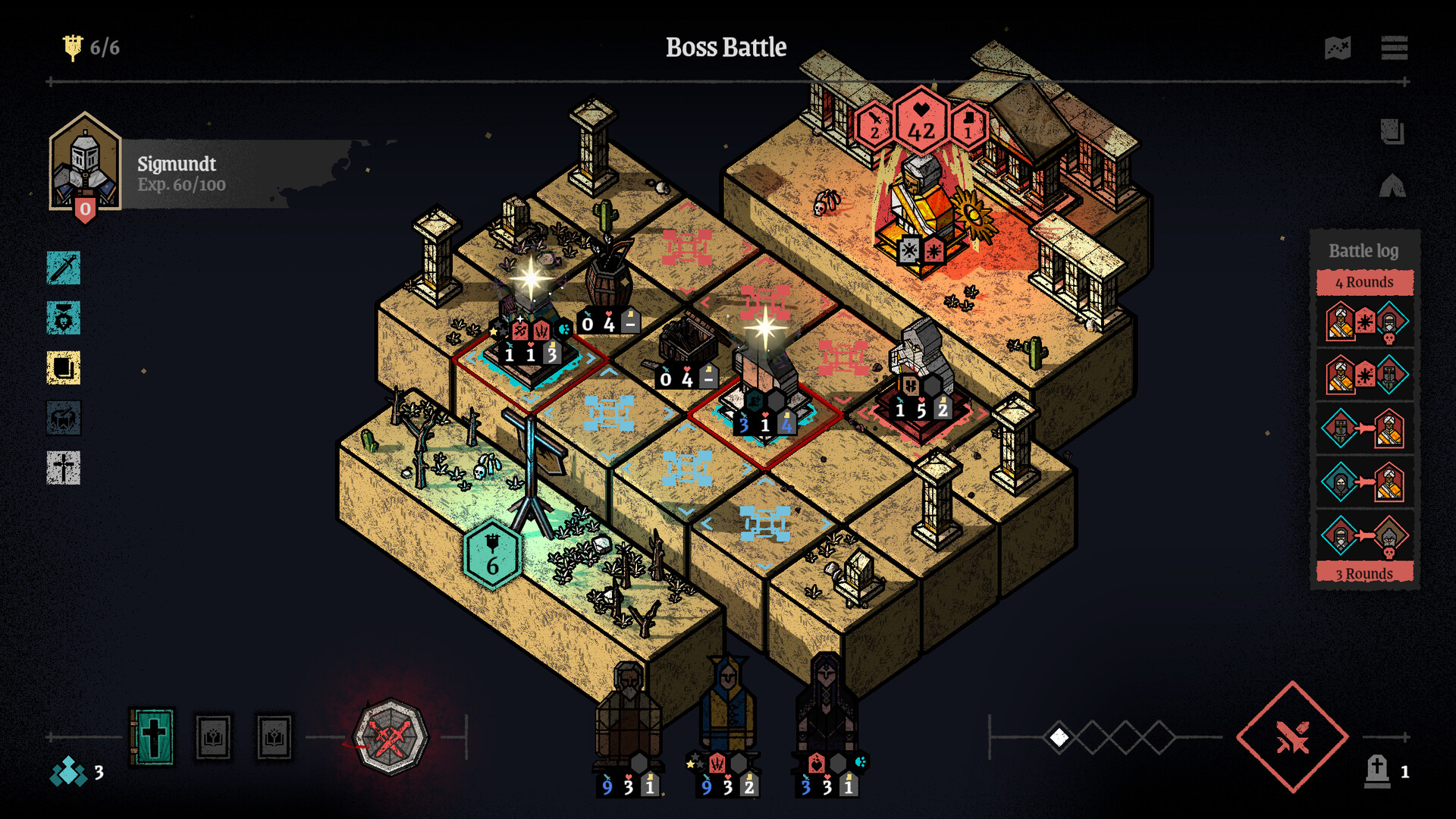 The image shows a tactical, isometric grid-based video game screen labeled "Boss Battle" at the top center. The playing field consists of raised square tiles resembling a sandy, ancient ruin environment with scattered columns, plants, and architectural debris. Several character tokens with numerical stats are positioned on the grid, some highlighted with colored borders and star icons, suggesting active units or targets. On the left side, a character panel shows a knight named Sigmundt with experience points and health indicators. The bottom features portraits and stats for three characters, while the right side displays a detailed battle log tracking actions over several rounds. Various icons and interface elements border the grid, indicating game commands, statuses, and resources. The overall visual style is reminiscent of hand-drawn or parchment-like art.