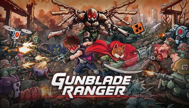 Official Gunblade Ranger Steam capsule: purple-vest ranger with red sunglasses and a red-caped Shiba Inu facing a moth-winged gas-mask boss in a dusty wasteland (Astral Flow Games)