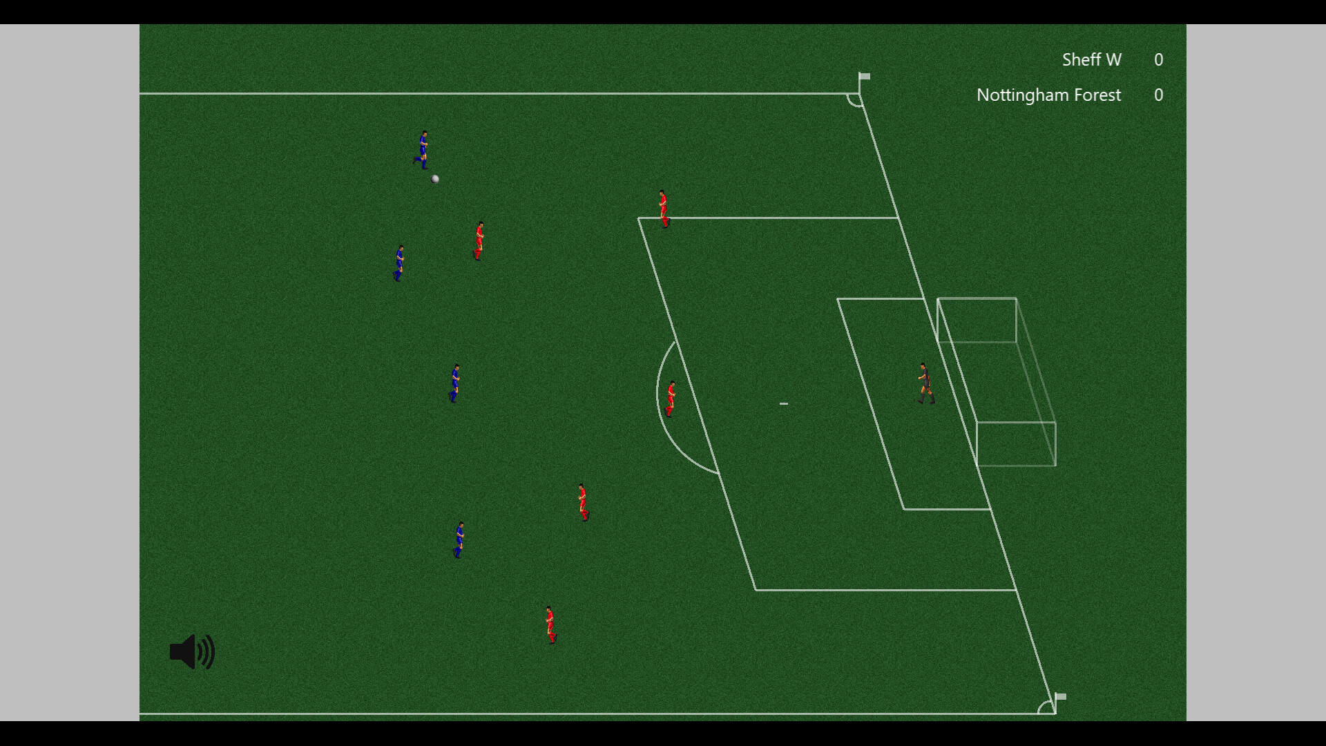 The image shows a bird’s-eye view of a soccer field during a match between two teams identified as Sheff W and Nottingham Forest, with the score tied at 0-0. Players in blue uniforms are positioned mostly on the left side of the field, with one player close to the ball near the penalty area, while players in red uniforms are more concentrated around the goal area, including the goalkeeper standing in front of the net. The scene suggests that the blue team is in an attacking position near the red team’s goal.