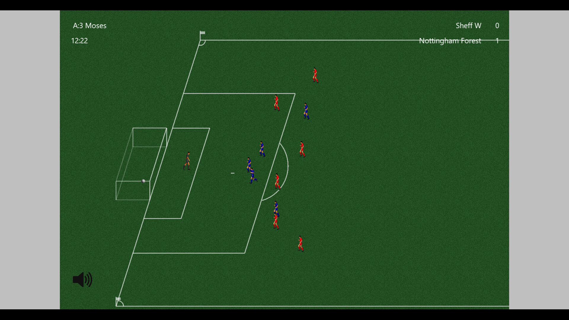 The image shows a digital representation of a soccer match on a green field, focusing on the penalty area near one goal. The defending team, wearing red uniforms, is positioned around the edge of the penalty box, while the attacking team, in blue uniforms, has several players inside and near the box. The goalkeeper, also in red, stands near the goal line, and the ball is visible close to the goal. The scoreboard indicates that Nottingham Forest leads Sheff W by 1-0, with the goal scored by player number 3, Moses, at 12 minutes and 22 seconds into the game.