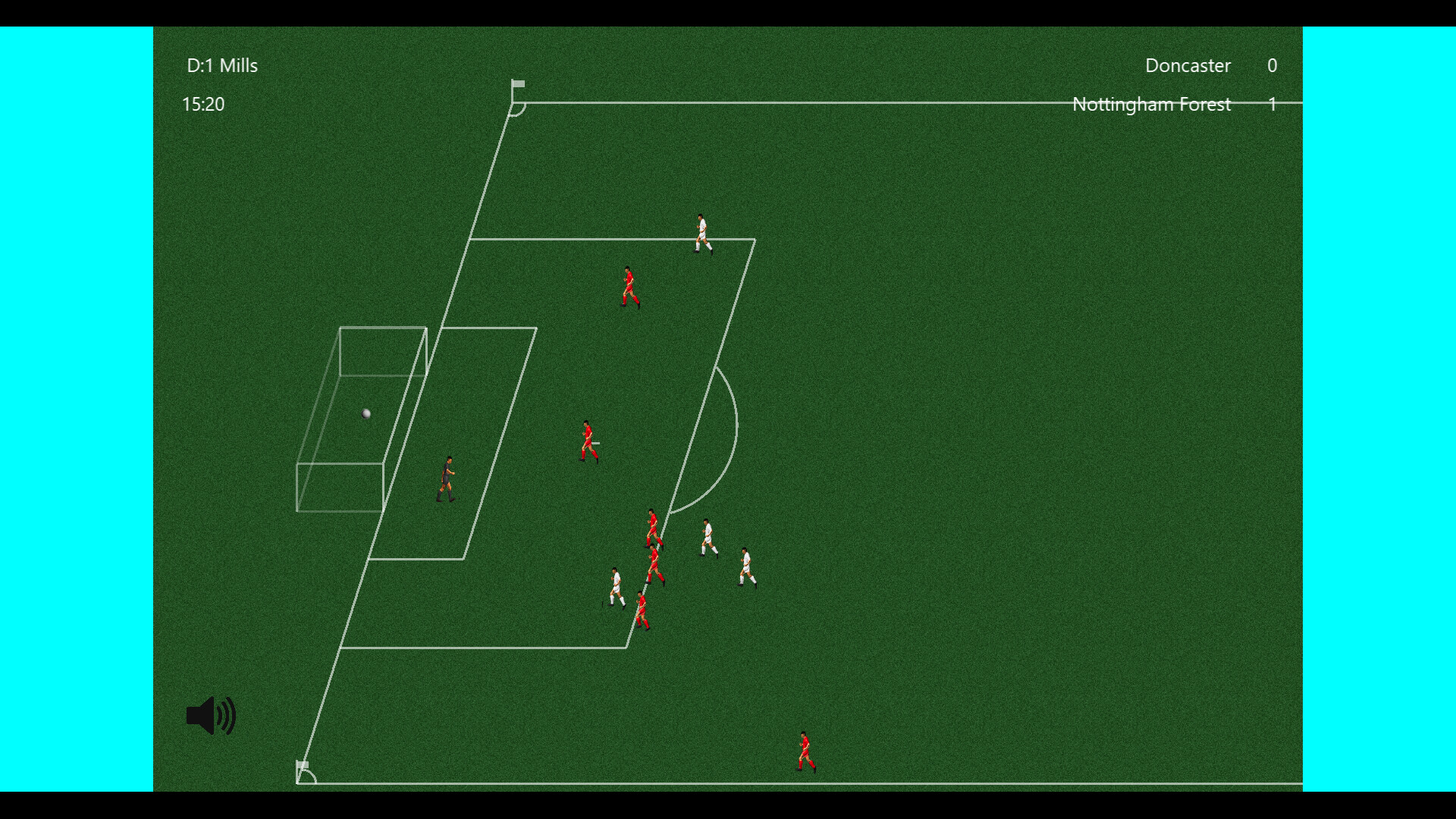 The image shows a digital representation of a soccer match with a view of the penalty area from an elevated angle. There are two teams on the field: one in white uniforms and the other in red. The red team is defending their goal, where a goalkeeper dressed in dark colors stands near the goal line, while several red players and white players are positioned inside and around the penalty box. The score displayed in the top right corner indicates that Nottingham Forest (in white) is leading Doncaster (in red) 1-0 at 15 minutes and 20 seconds into the match. A black sound icon appears in the bottom left corner, suggesting audio controls are available.