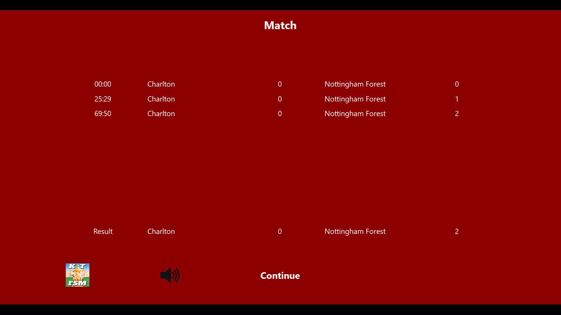 The image shows a match summary screen with a dark red background. It lists the times and scores of events during a soccer game between Charlton and Nottingham Forest, indicating that Nottingham Forest scored goals at 25:29 and 69:50, while Charlton did not score. The final result displayed is Charlton 0, Nottingham Forest 2. The screen also features a small colorful logo in the bottom left corner and a speaker icon for volume control. The word 'Continue' is centered near the bottom of the screen.