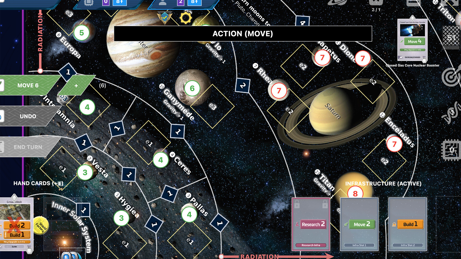 The image shows a digital board game interface set in a detailed map of the solar system, highlighting planets such as Jupiter, Saturn, and moons including Europa, Ganymede, and Titan. Various circular icons with numbers in green and red indicate game values or resources on different celestial bodies, while numbered blue diamonds with arrows suggest movement or action spaces. The screen displays active buttons and menus labeled "MOVE 6," "UNDO," and "END TURN," along with cards and action options like "Research 2," "Move 2," and "Build 1," indicating player choices during a turn.