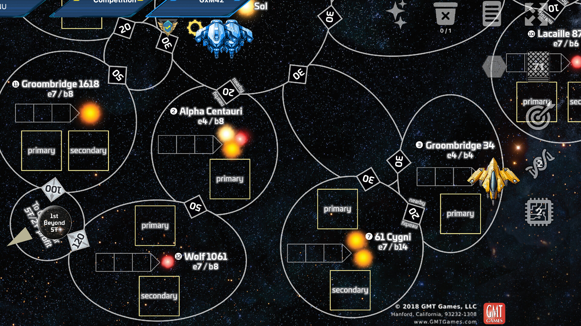 The image shows a detailed star map from a space-themed strategy game, featuring various star systems connected by paths marked with numerical distances. The background is a deep starfield with numerous small stars scattered throughout. Several star systems are labeled with names like "Groombridge 1618," "Alpha Centauri," "Wolf 1061," "61 Cygni," and "Lacaille 87," each contained within circular boundaries and accompanied by various game interface elements such as empty rectangular slots labeled "primary" and "secondary." Two distinct spaceship icons, one blue and one yellow, are positioned near different star systems, implying player or faction units. Additional UI elements such as icons for settings, objectives, and informational text overlays are visible around the edges of the screen.